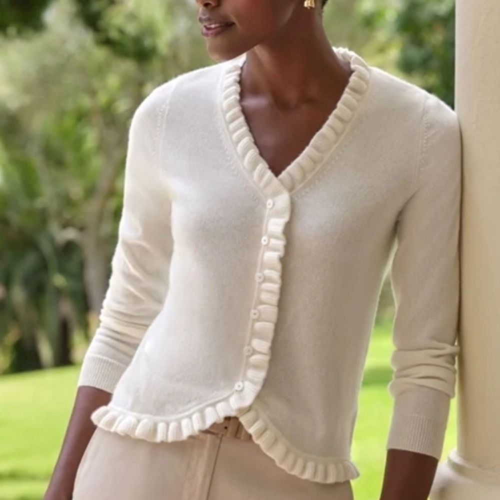 Pure Collection 100% Cashmere Cream Long Sleeve Ruffle Cardigan Sz 12 Classic